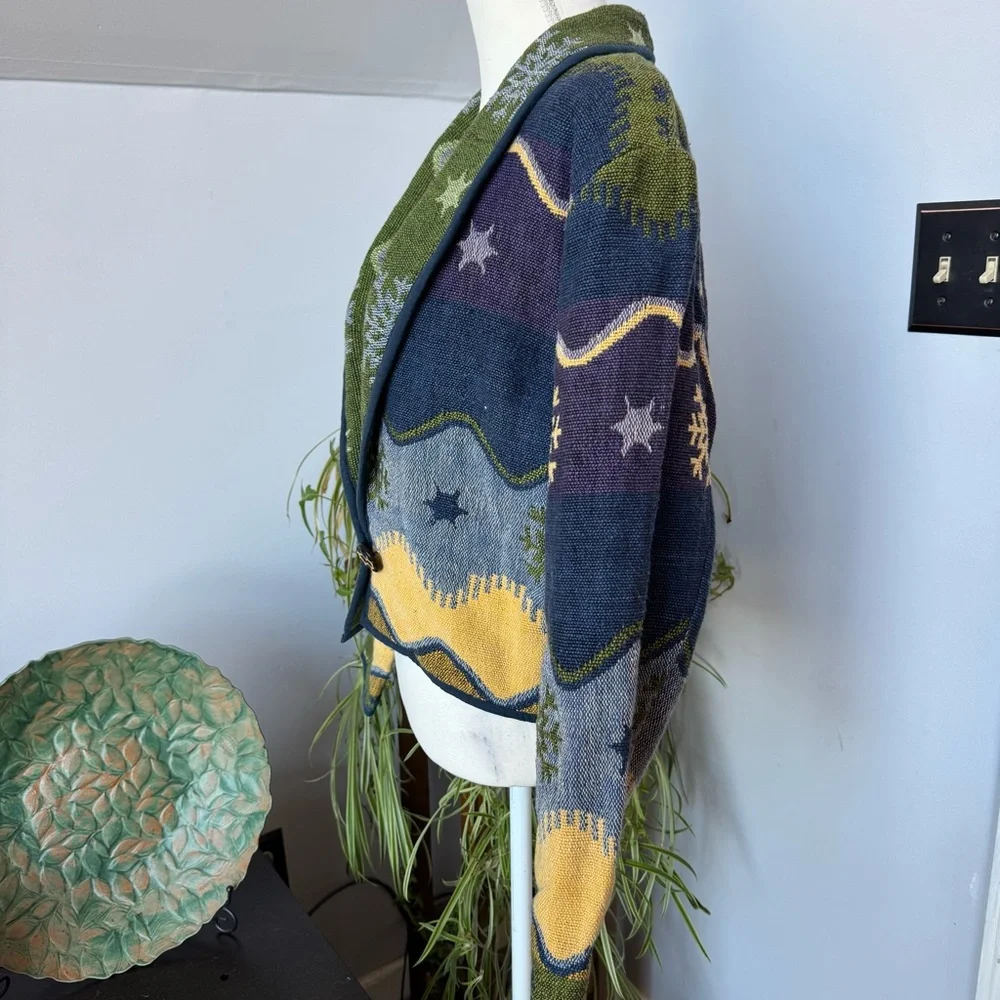 Flashback Vintage Wearable Art Tapestry Jacket Snowflake Winter Blue Green med - Picture 2 of 7